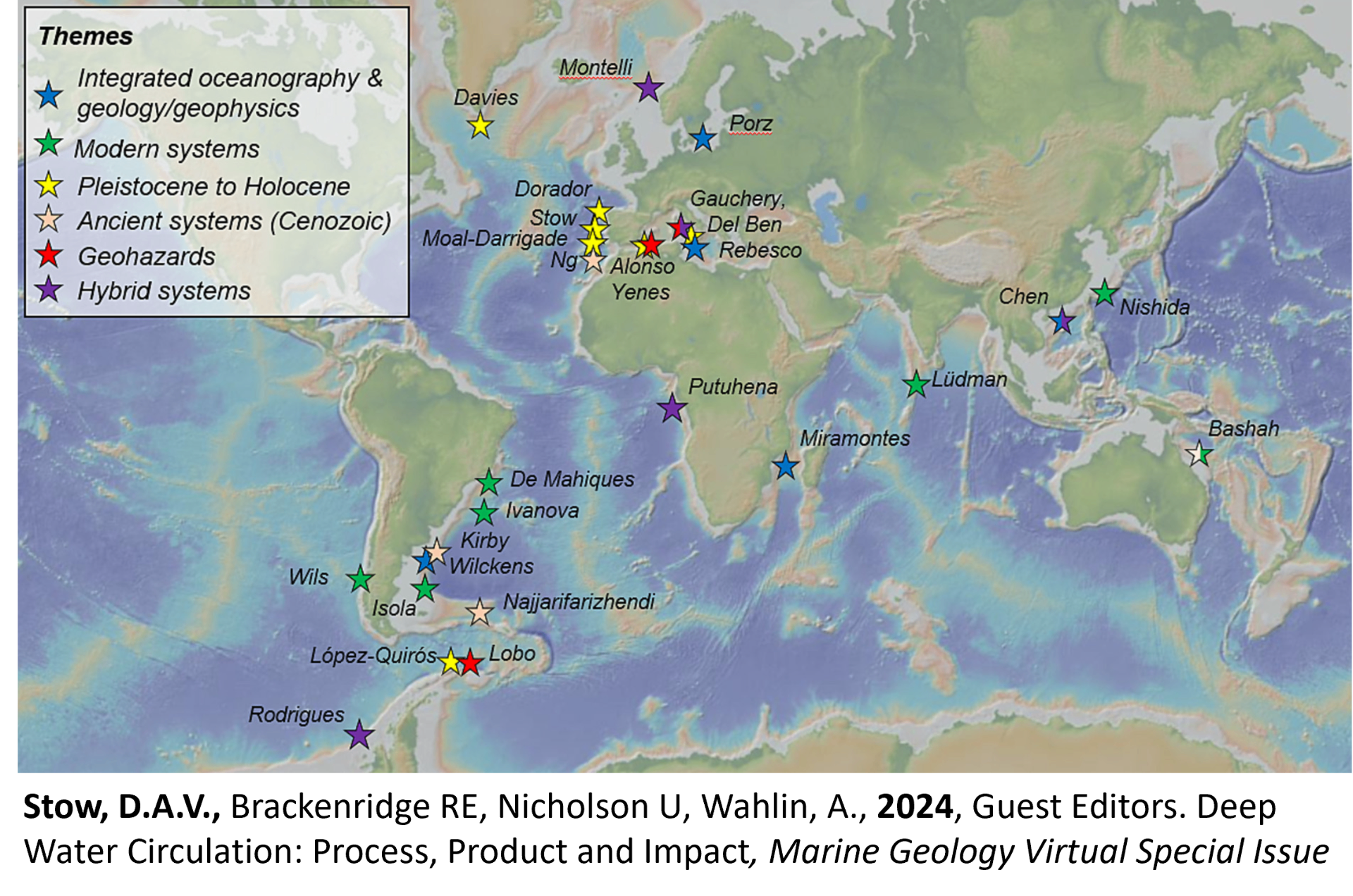 World map showing global contributors to the Deep Water Circulation special issue edited by Stow et al., 2024